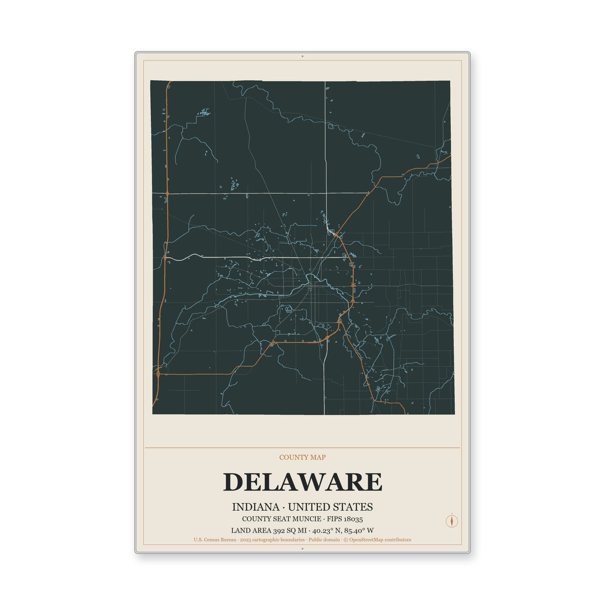 Delaware County, Indiana Map Aluminum Sign in Headline Atlas style