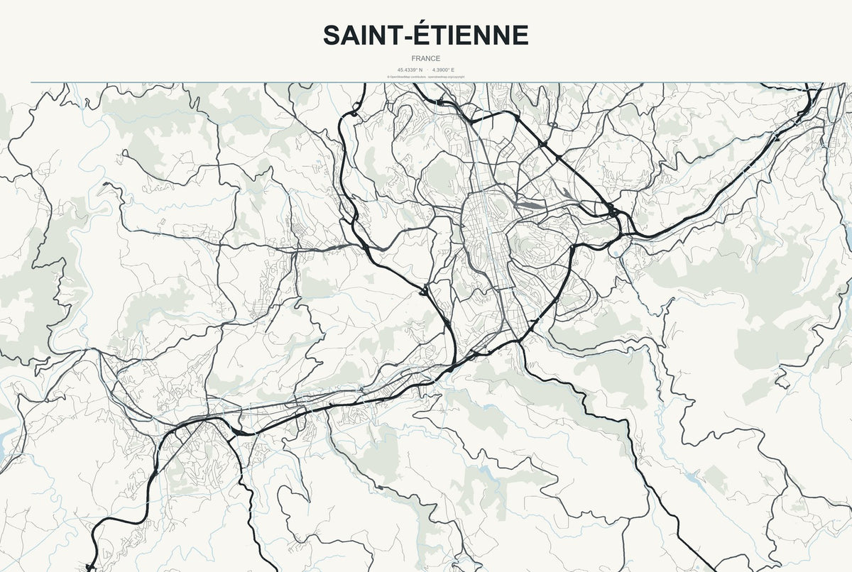 Saint-Étienne, France City Map Aluminum Sign in Headline Atlas style