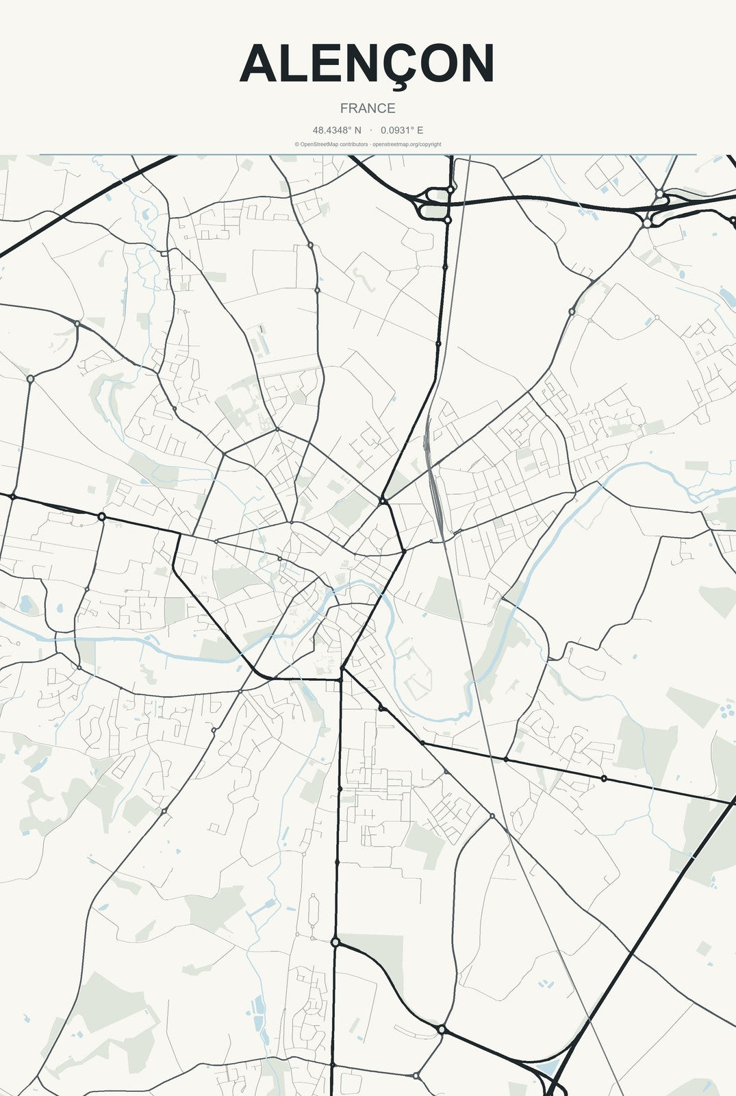Alençon, France City Map Aluminum Sign in Headline Atlas style