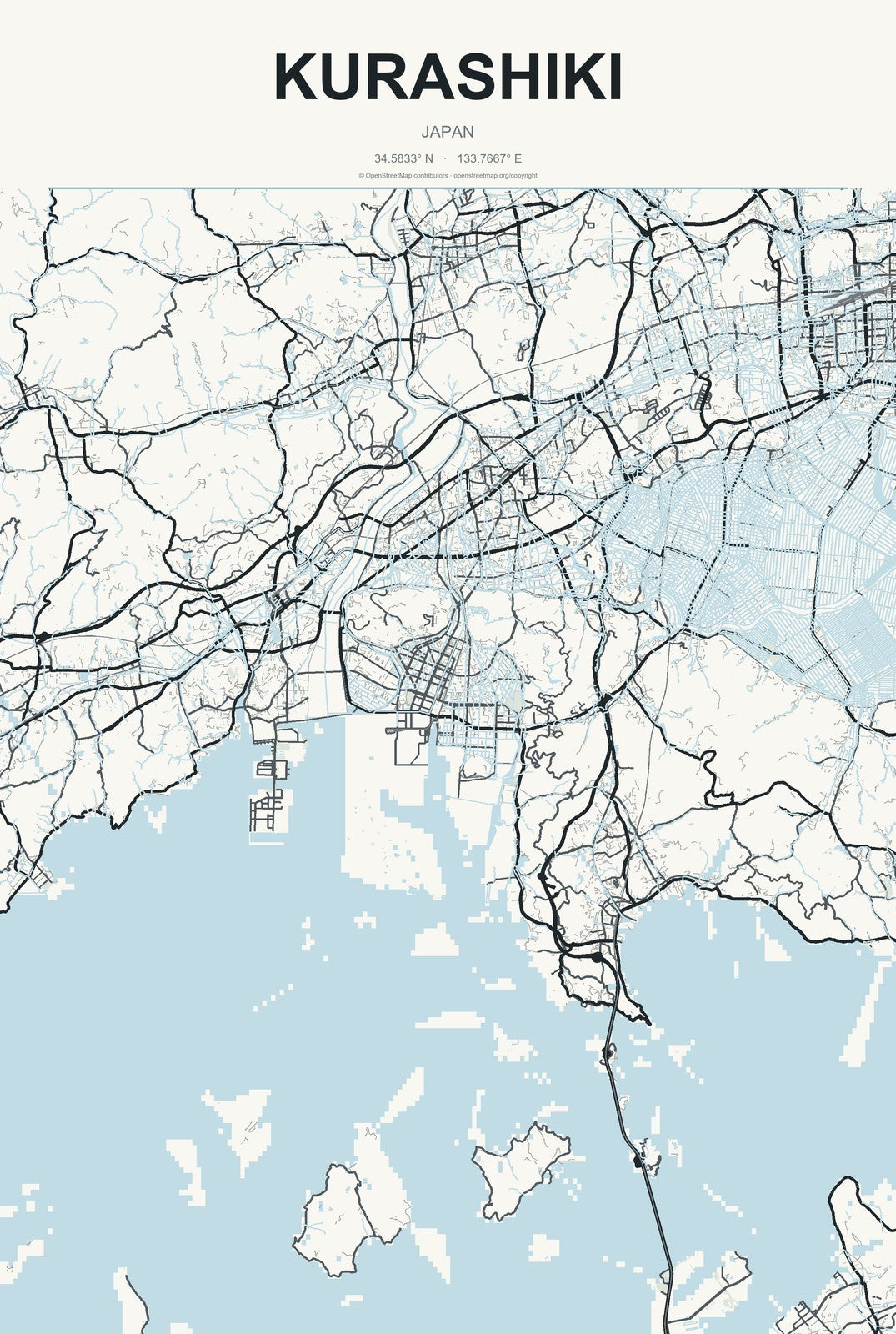 Kurashiki, Japan City Map Aluminum Sign in Headline Atlas style