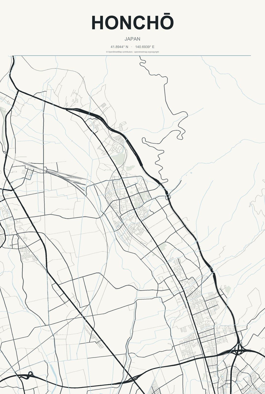 Honchō, Japan City Map Aluminum Sign in Headline Atlas style