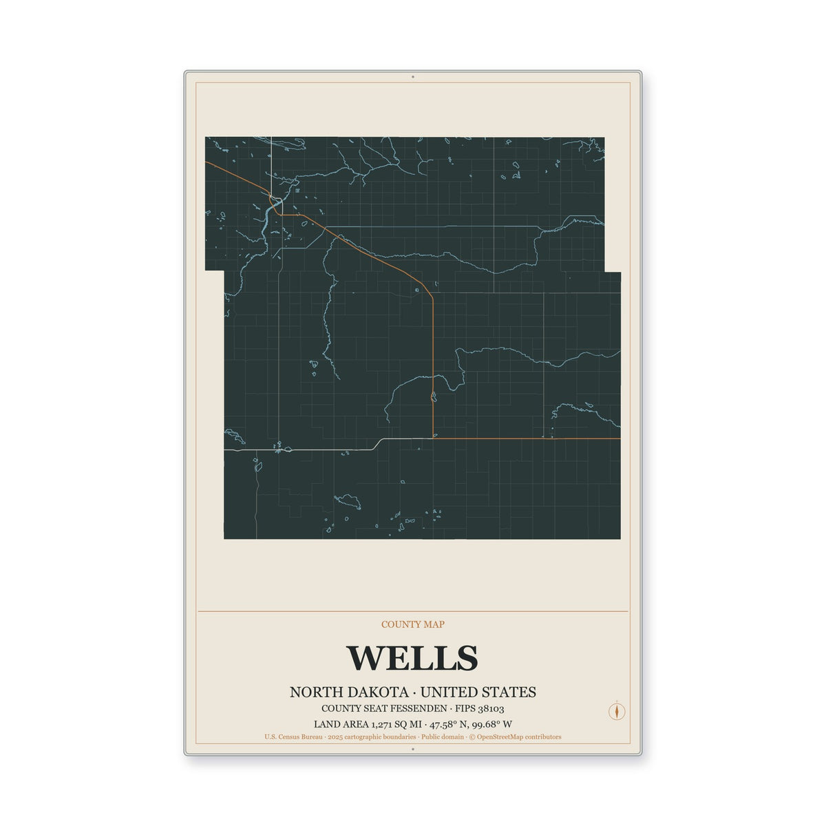 Wells County, North Dakota Map Aluminum Sign in Headline Atlas style