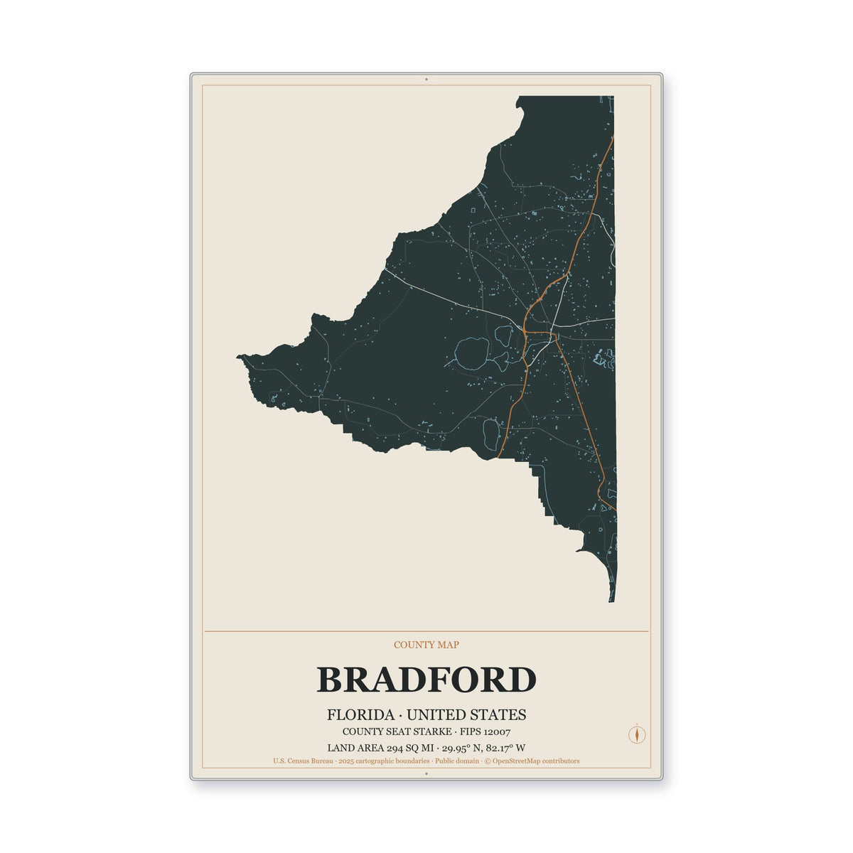 Bradford County, Florida Map Aluminum Sign in Headline Atlas style