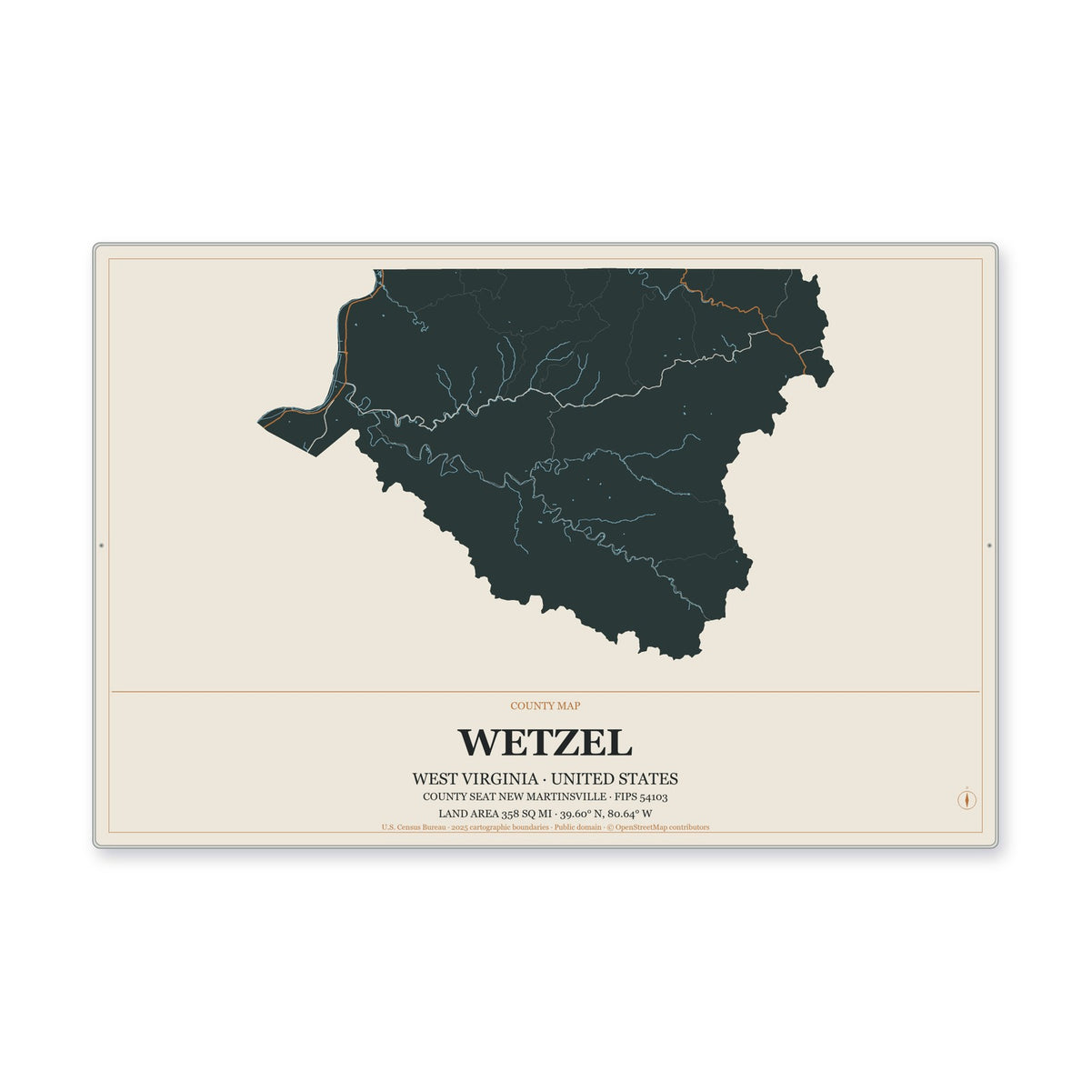 Wetzel County, West Virginia Map Aluminum Sign in Headline Atlas style