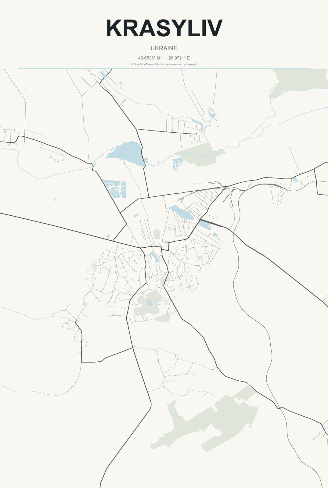 Krasyliv, Ukraine City Map Aluminum Sign in Headline Atlas style