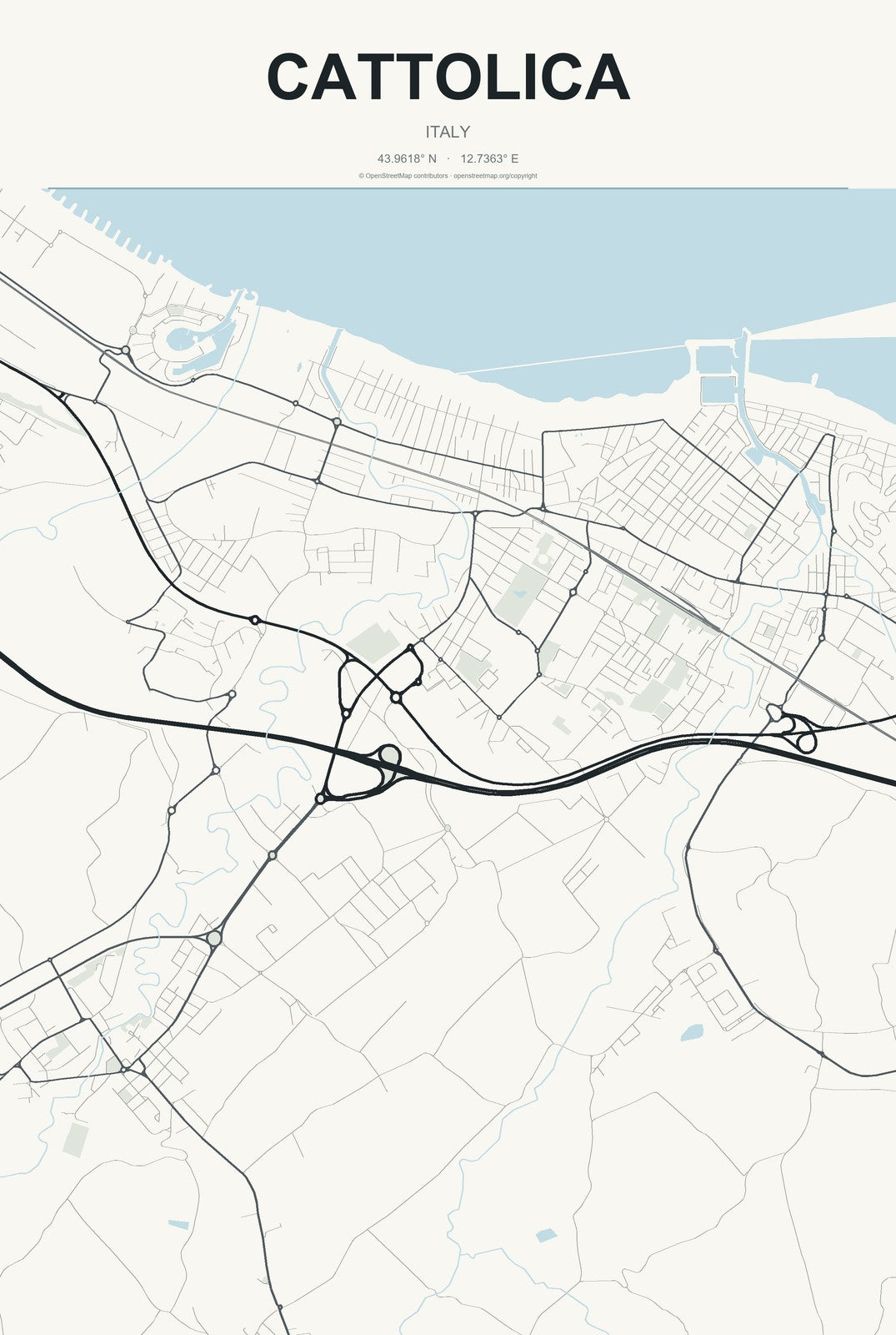 Cattolica, Italy City Map Aluminum Sign in Headline Atlas style