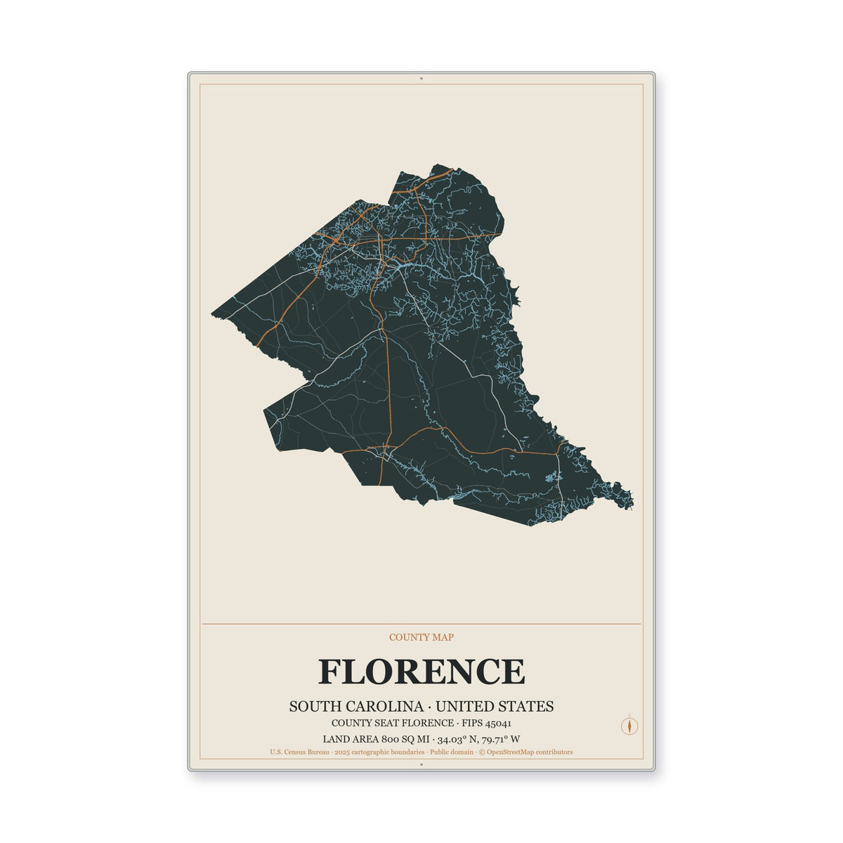 Florence County, South Carolina Map Aluminum Sign in Headline Atlas style