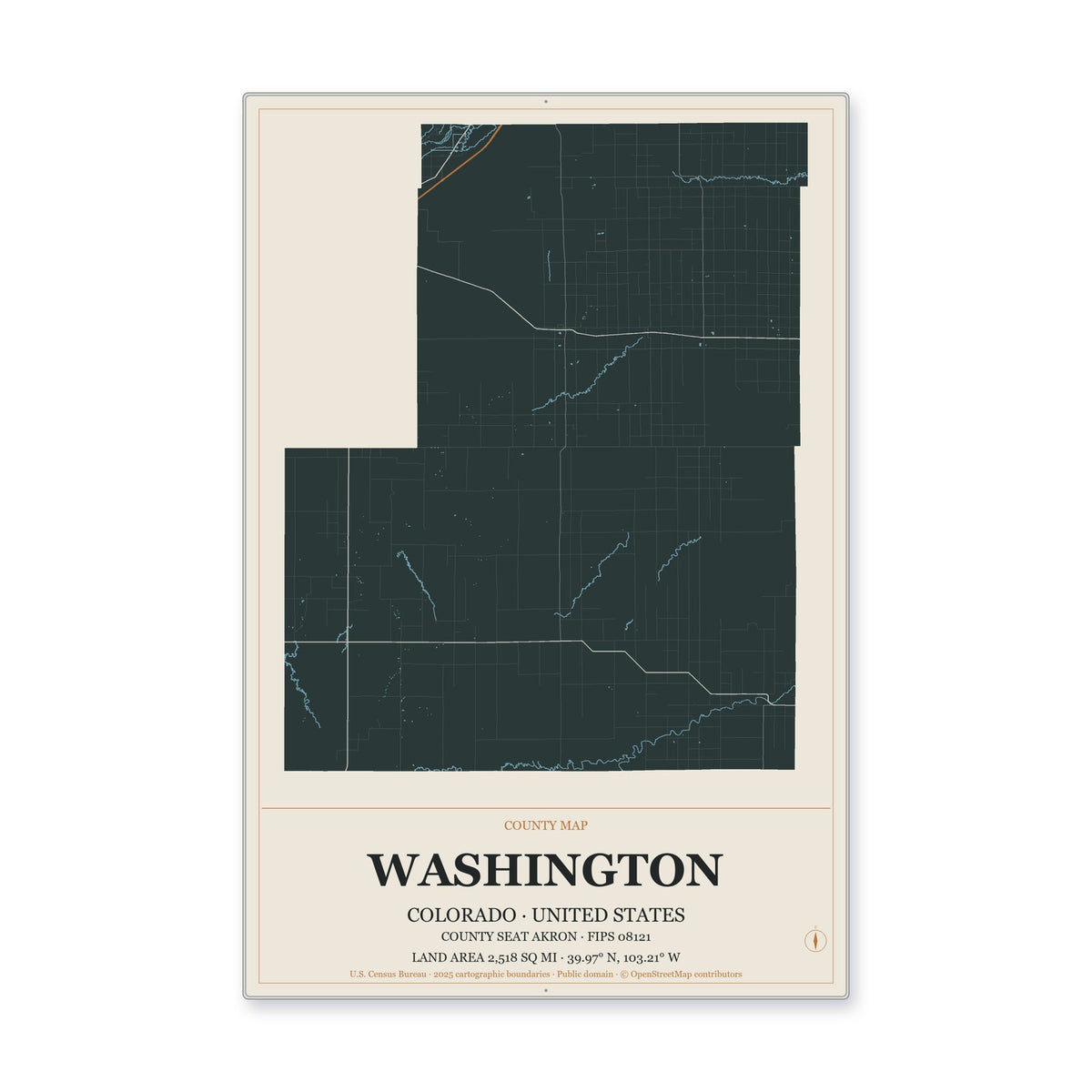 Washington County, Colorado Map Aluminum Sign in Headline Atlas style