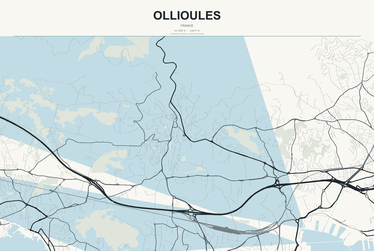 Ollioules, France City Map Aluminum Sign in Headline Atlas style