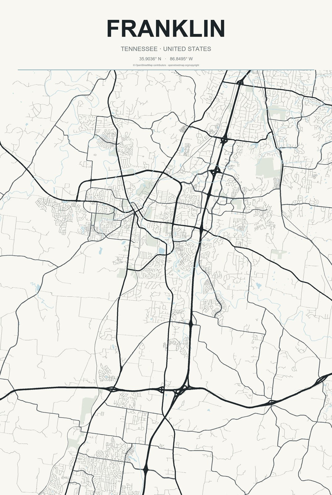 Franklin, Tennessee City Map Aluminum Sign in Headline Atlas style