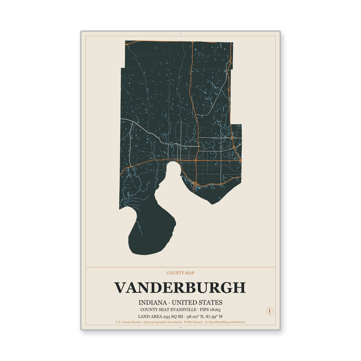 Vanderburgh County, Indiana Map Aluminum Sign in Headline Atlas style