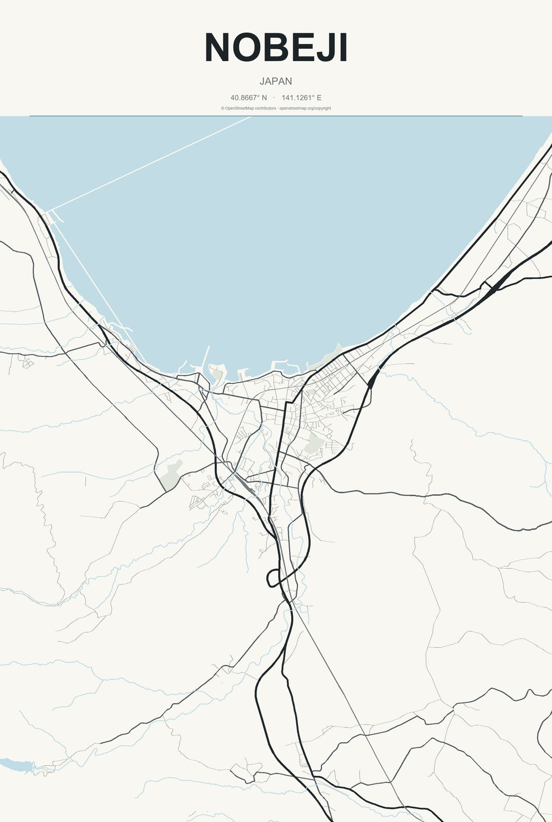 Nobeji, Japan City Map Aluminum Sign in Headline Atlas style