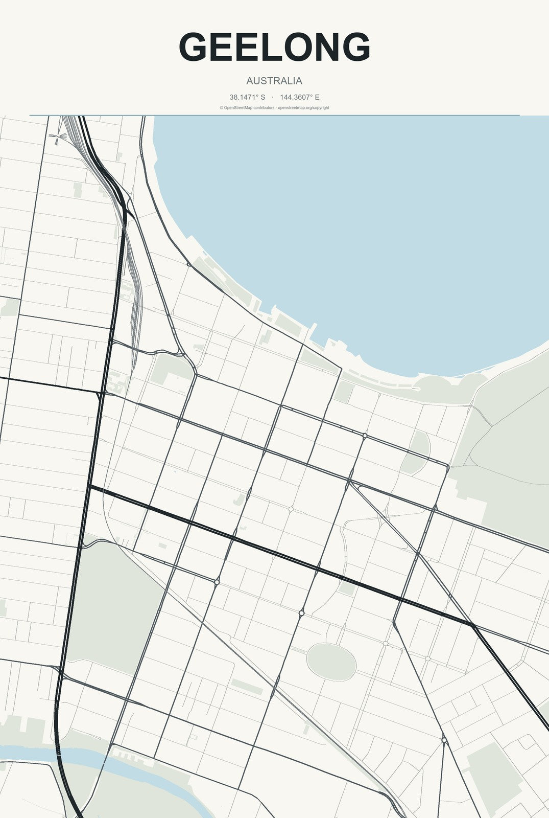 Geelong, Australia City Map Aluminum Sign in Headline Atlas style