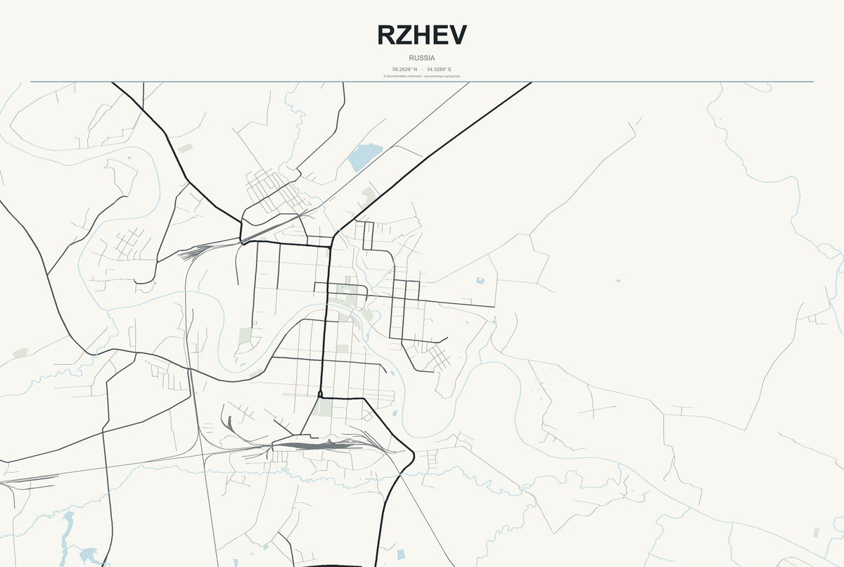 Rzhev, Russia City Map Aluminum Sign in Headline Atlas style