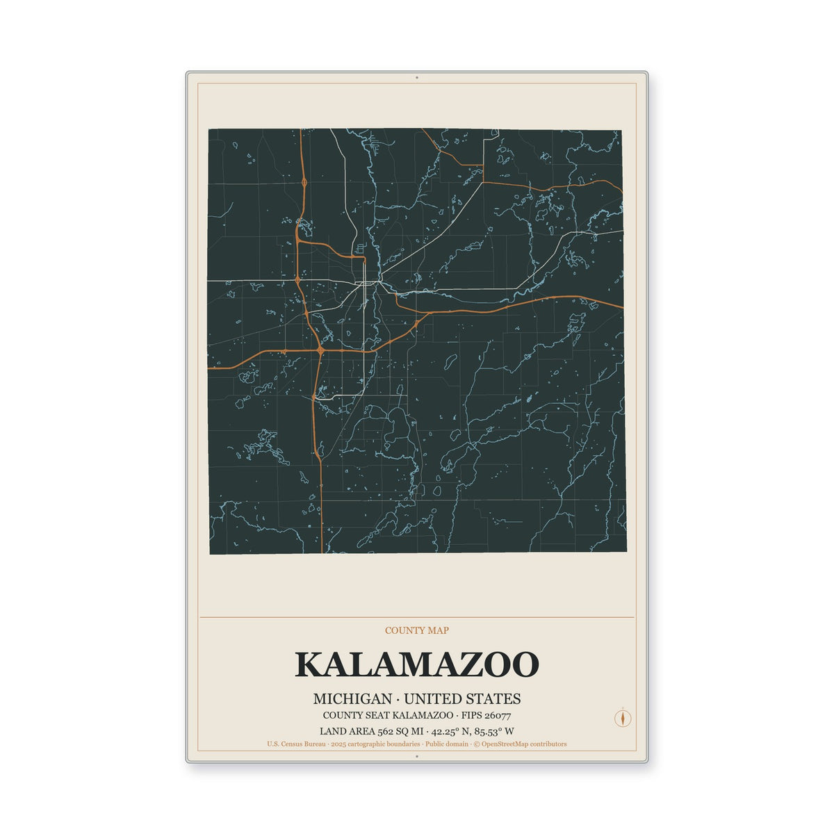 Kalamazoo County, Michigan Map Aluminum Sign in Headline Atlas style
