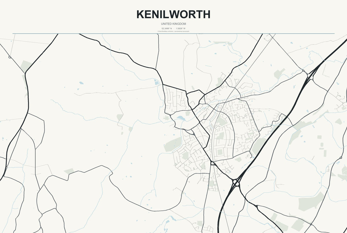 Kenilworth, United Kingdom City Map Aluminum Sign in Headline Atlas style