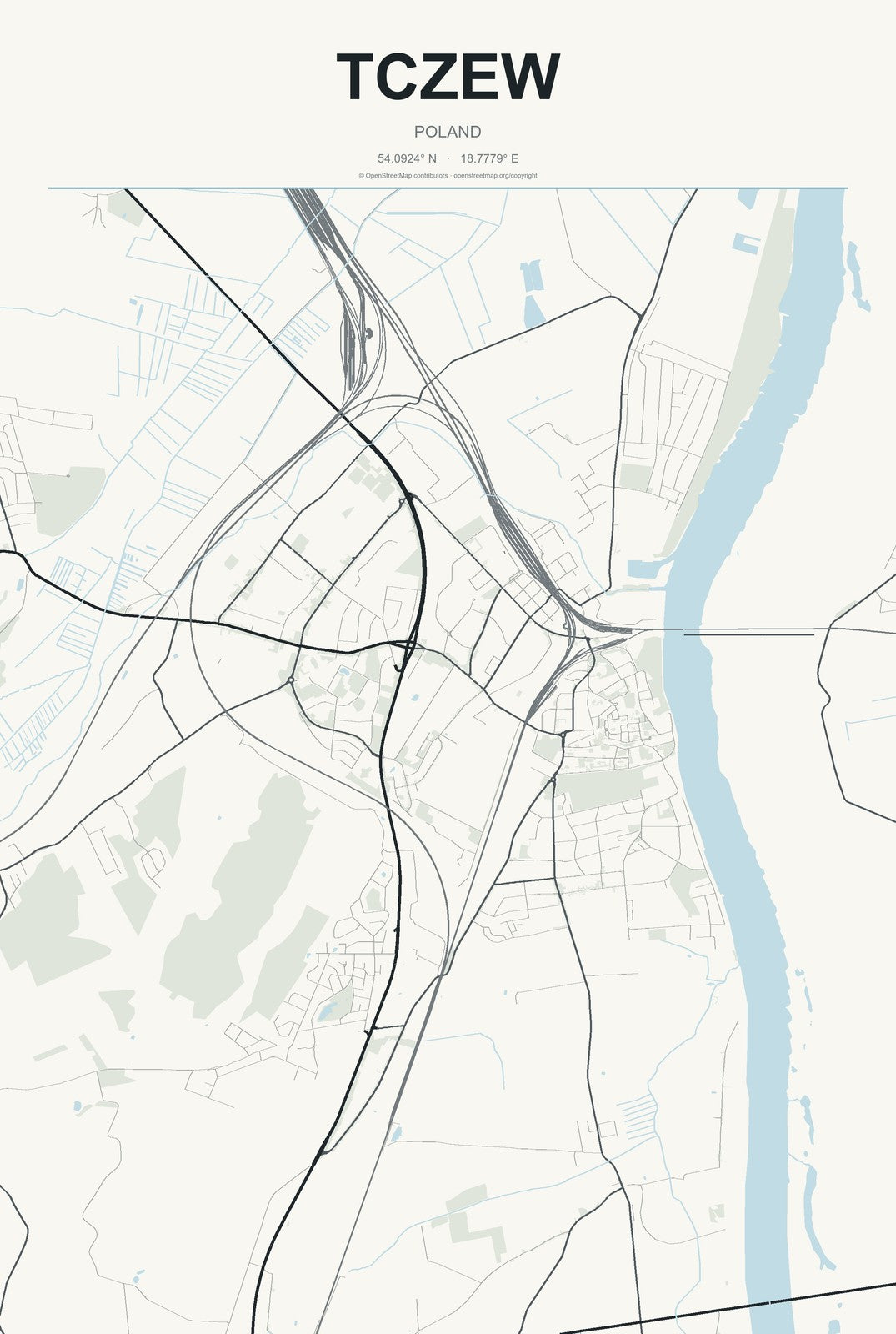 Tczew, Poland City Map Aluminum Sign in Headline Atlas style