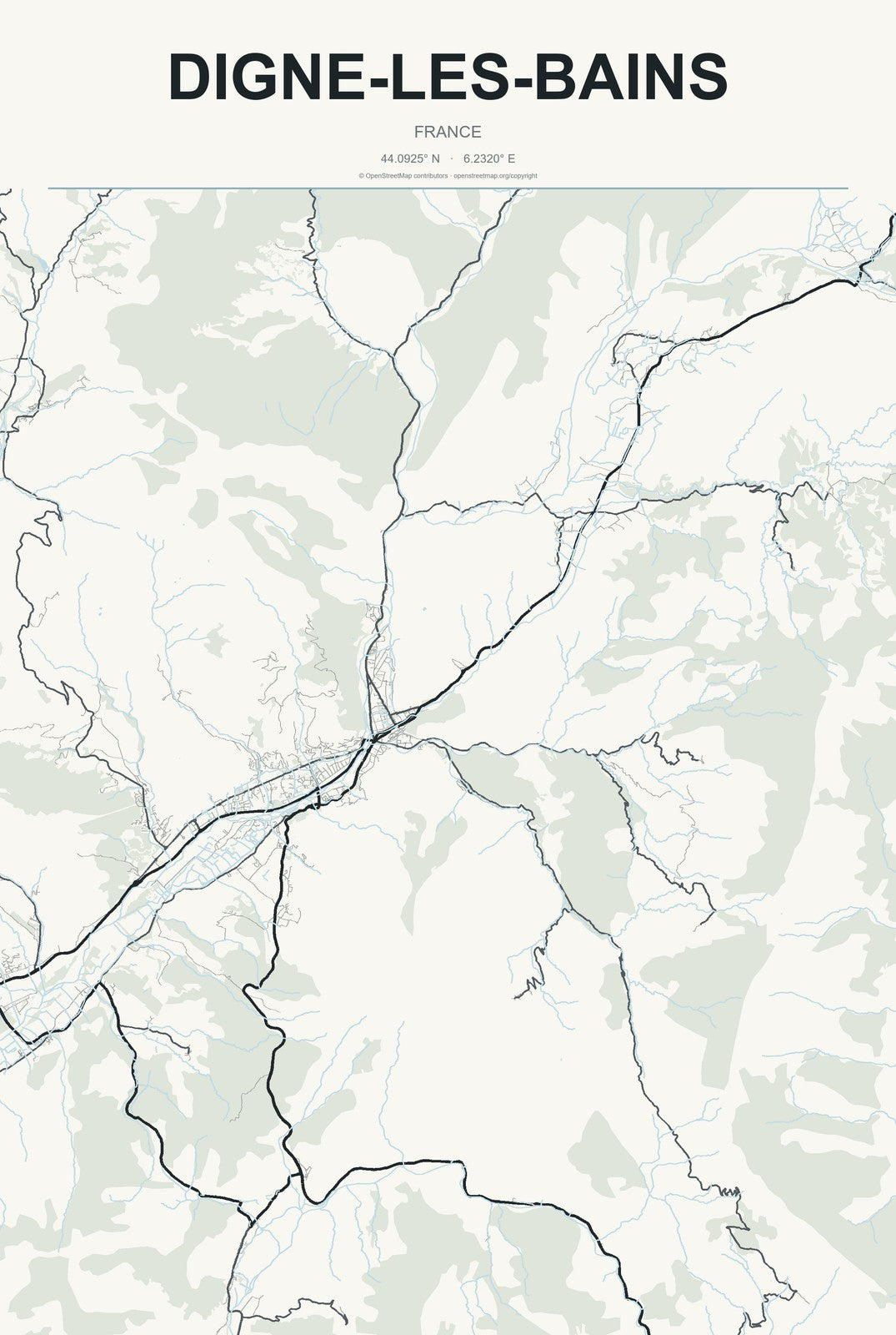 Digne-les-Bains, France City Map Aluminum Sign in Headline Atlas style