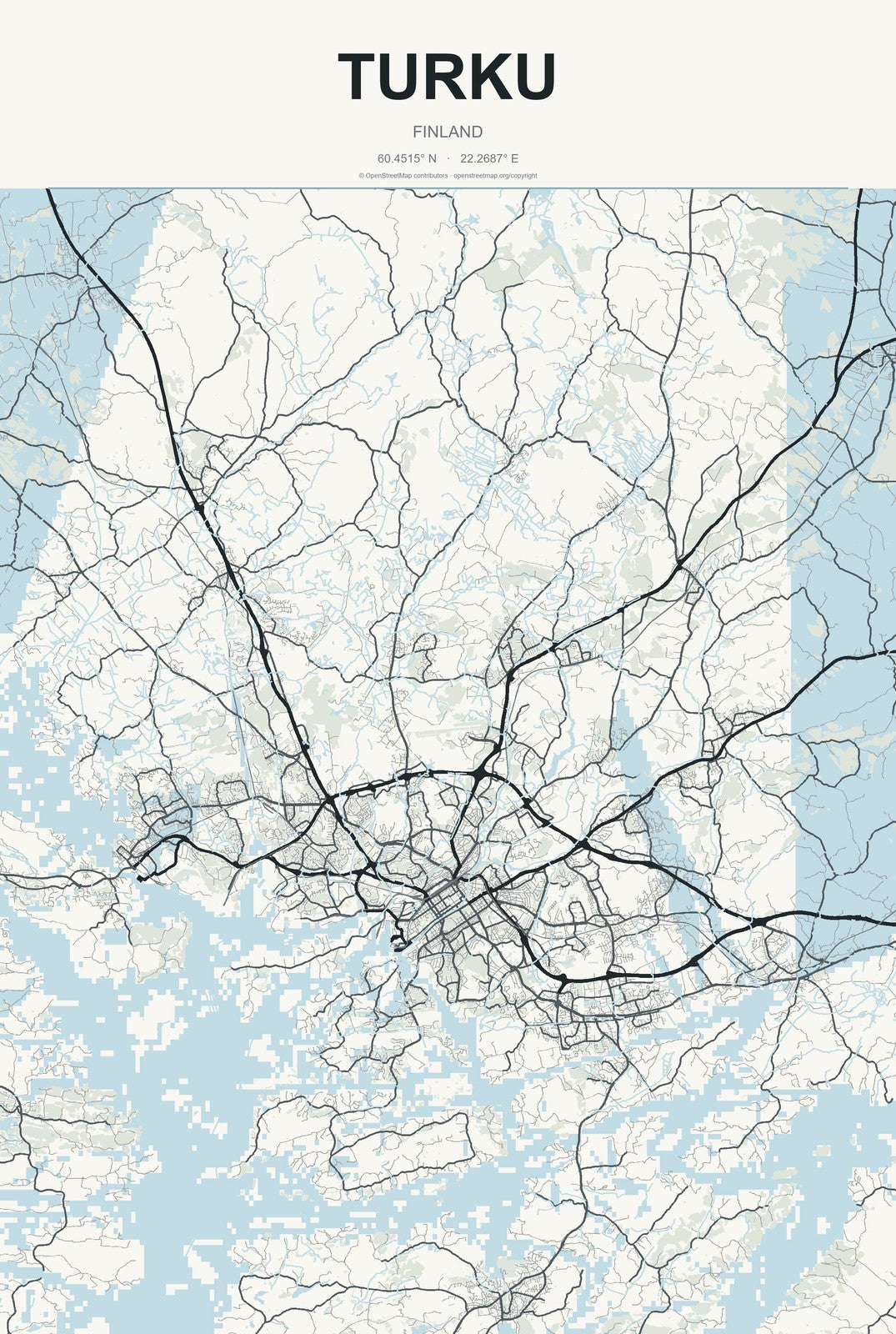Turku, Finland City Map Aluminum Sign in Headline Atlas style