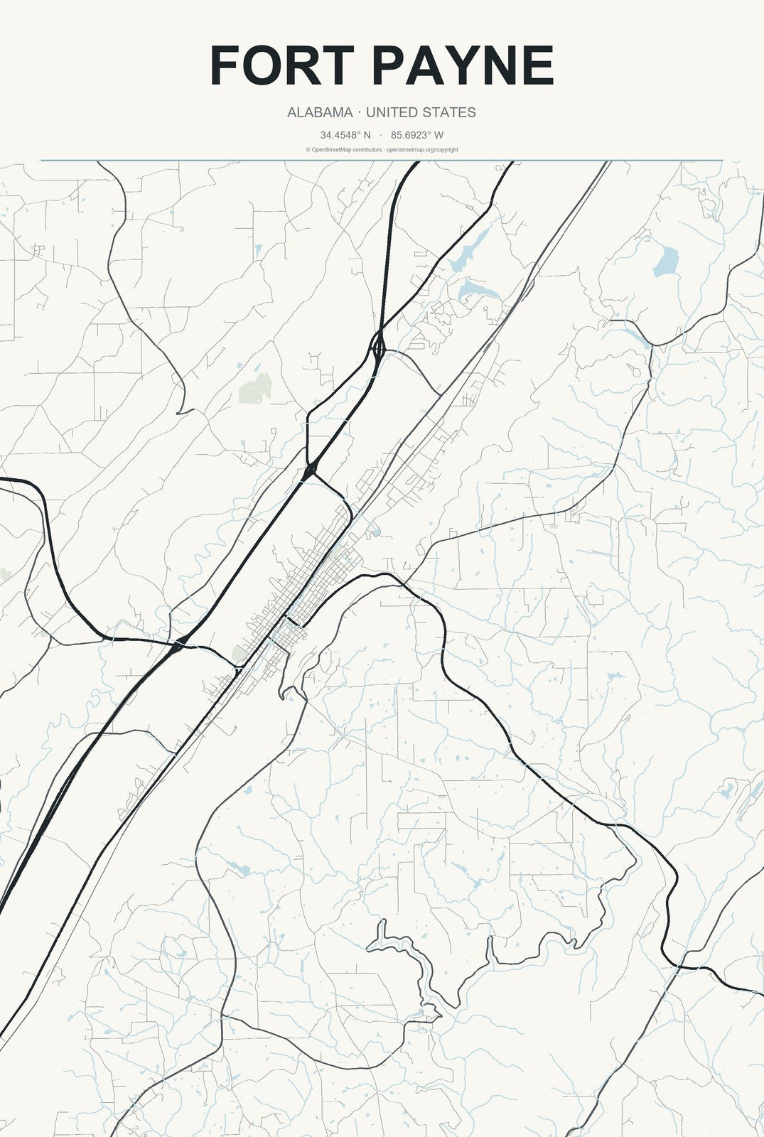 Fort Payne, Alabama City Map Aluminum Sign in Headline Atlas style