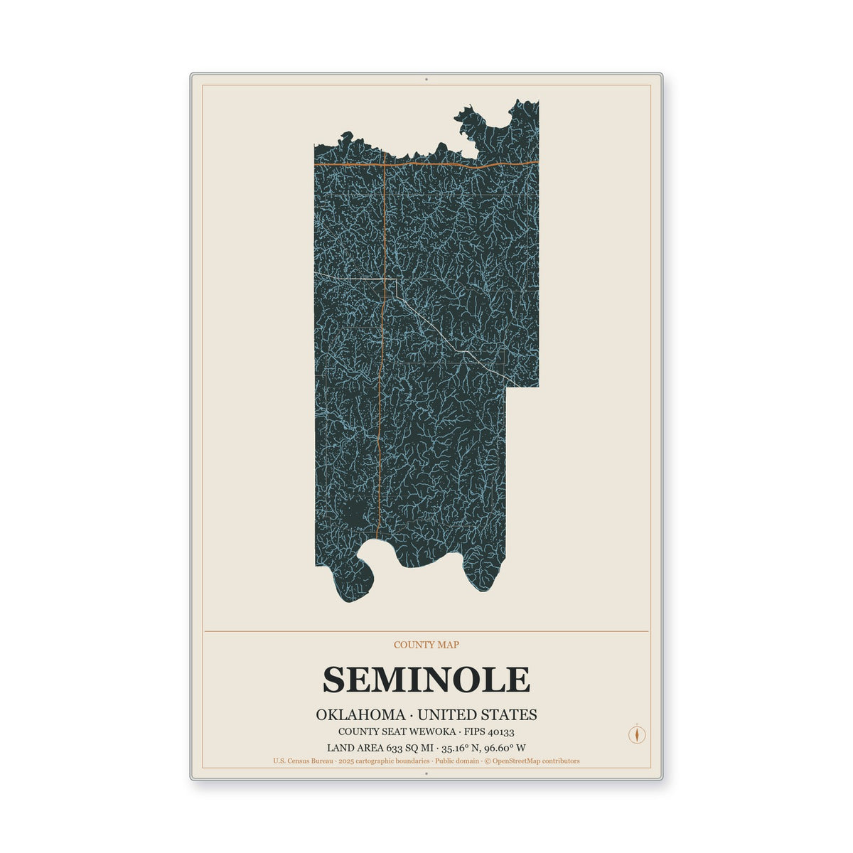 Seminole County, Oklahoma Map Aluminum Sign in Headline Atlas style