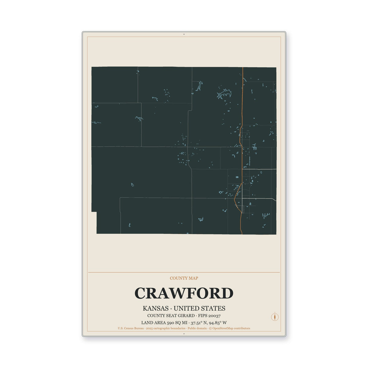 Crawford County, Kansas Map Aluminum Sign in Headline Atlas style