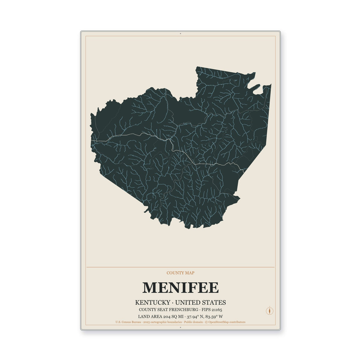 Menifee County, Kentucky Map Aluminum Sign in Headline Atlas style