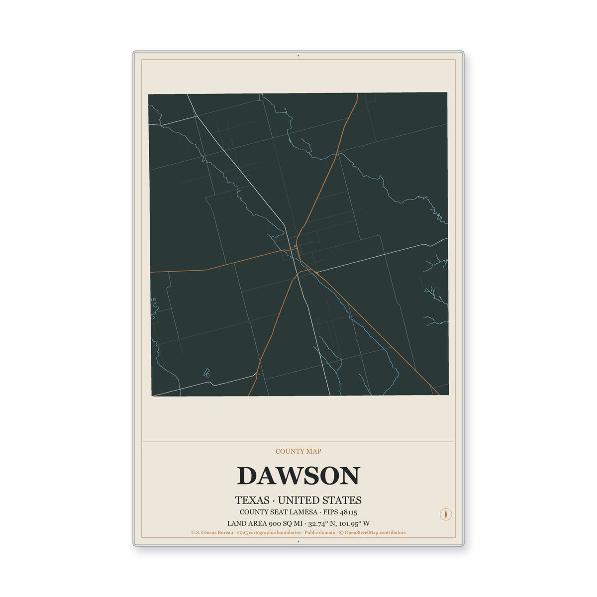 Dawson County, Texas Map Aluminum Sign in Headline Atlas style