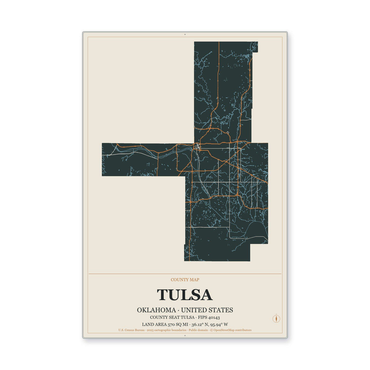 Tulsa County, Oklahoma Map Aluminum Sign in Headline Atlas style