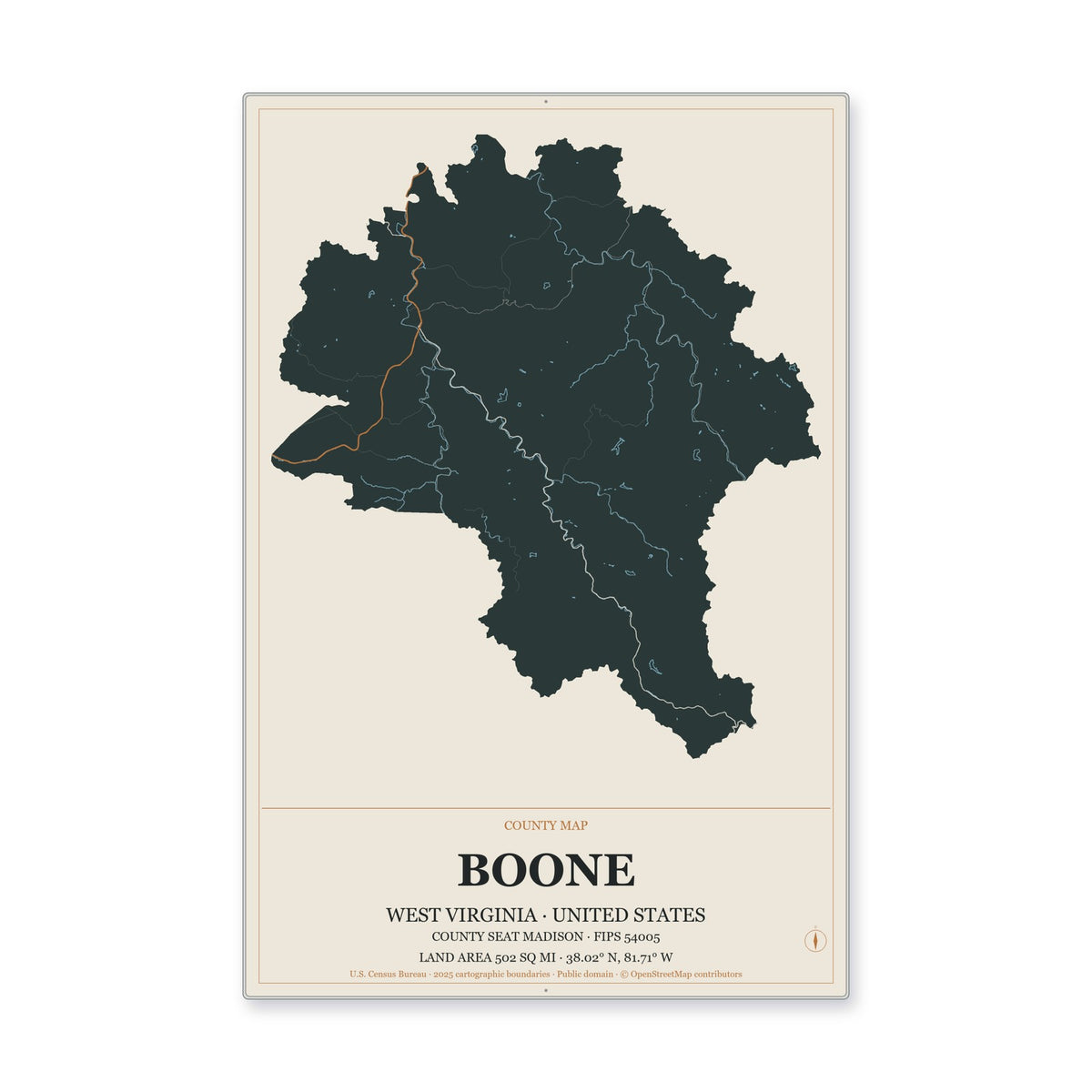 Boone County, West Virginia Map Aluminum Sign in Headline Atlas style