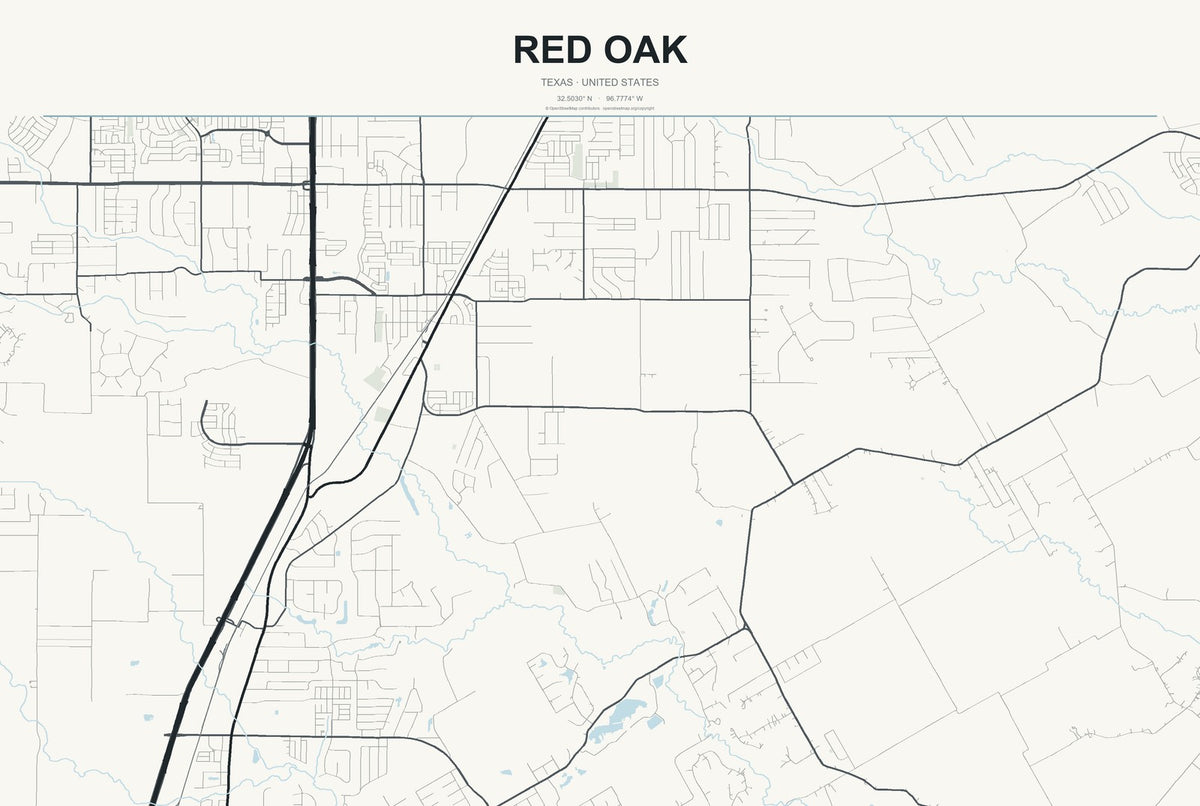 Red Oak, Texas City Map Aluminum Sign in Headline Atlas style