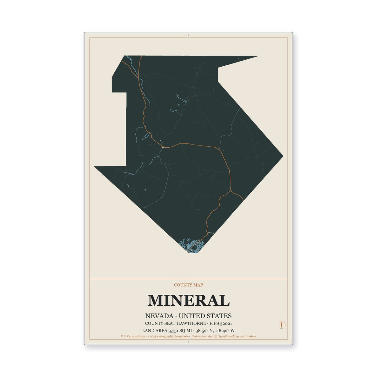 Mineral County, Nevada Map Aluminum Sign in Headline Atlas style