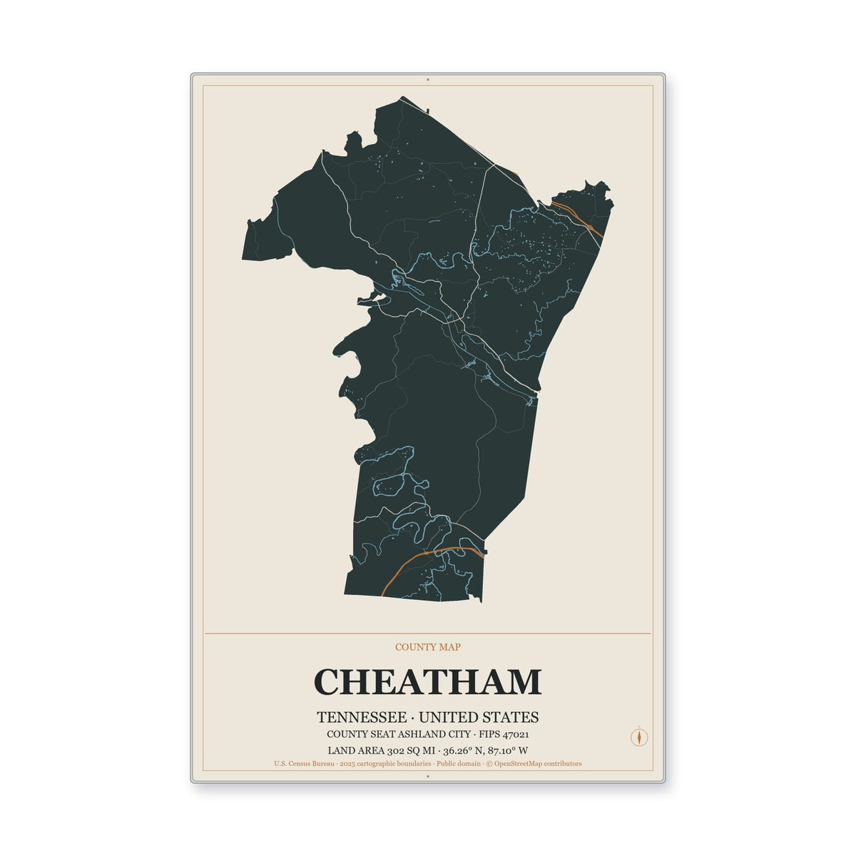 Cheatham County, Tennessee Map Aluminum Sign in Headline Atlas style