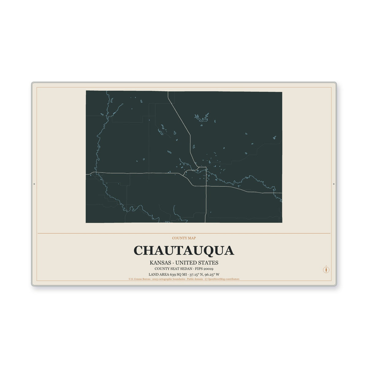 Chautauqua County, Kansas Map Aluminum Sign in Headline Atlas style