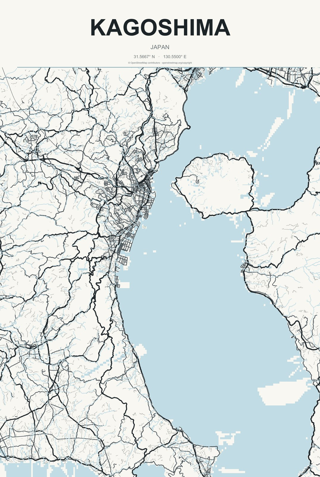 Kagoshima, Japan City Map Aluminum Sign in Headline Atlas style