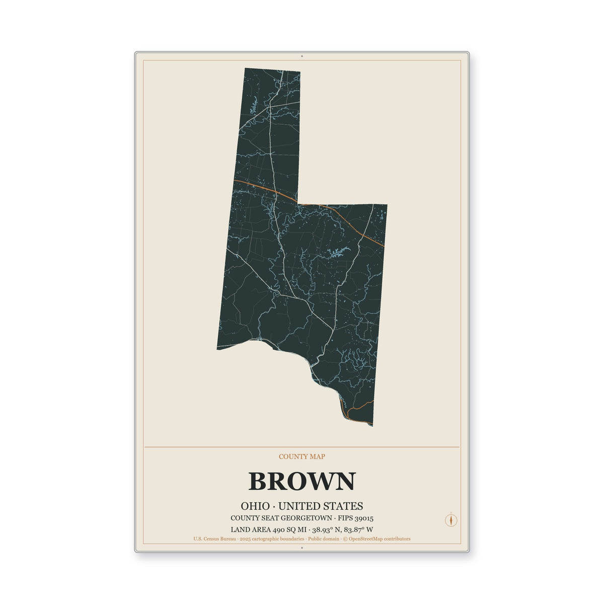 Brown County, Ohio Map Aluminum Sign in Headline Atlas style