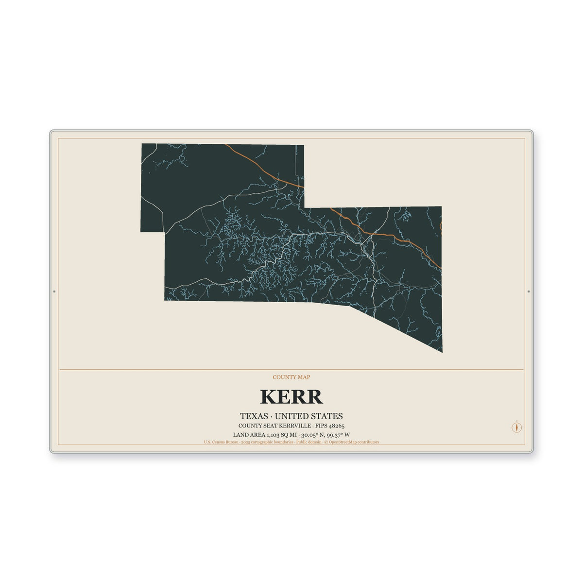 Kerr County, Texas Map Aluminum Sign in Headline Atlas style