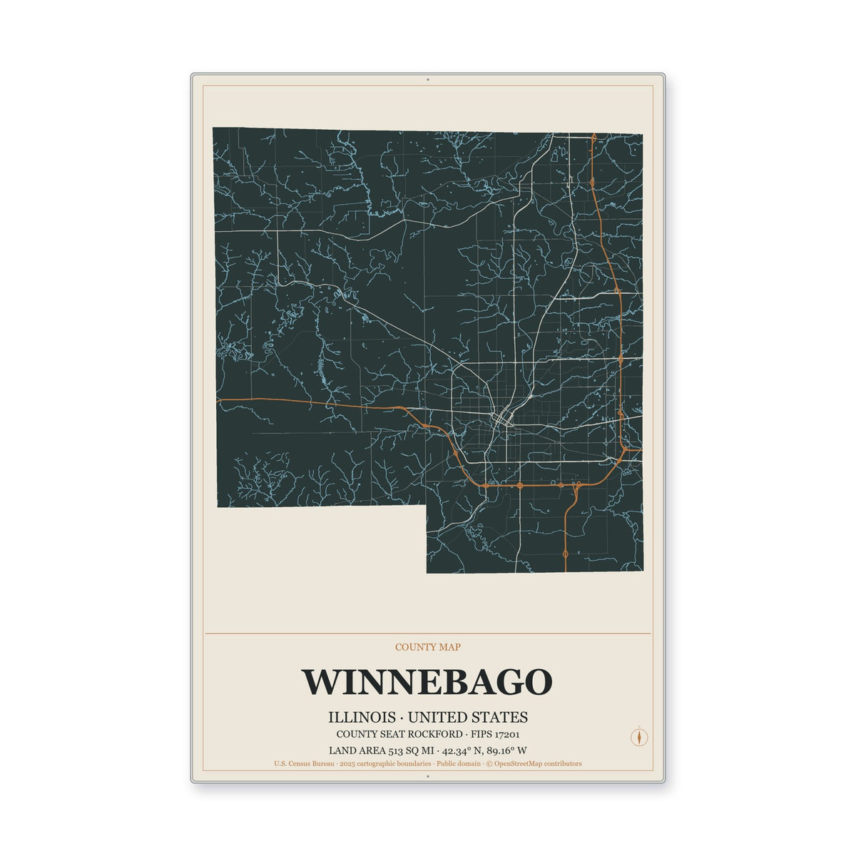 Winnebago County, Illinois Map Aluminum Sign in Headline Atlas style