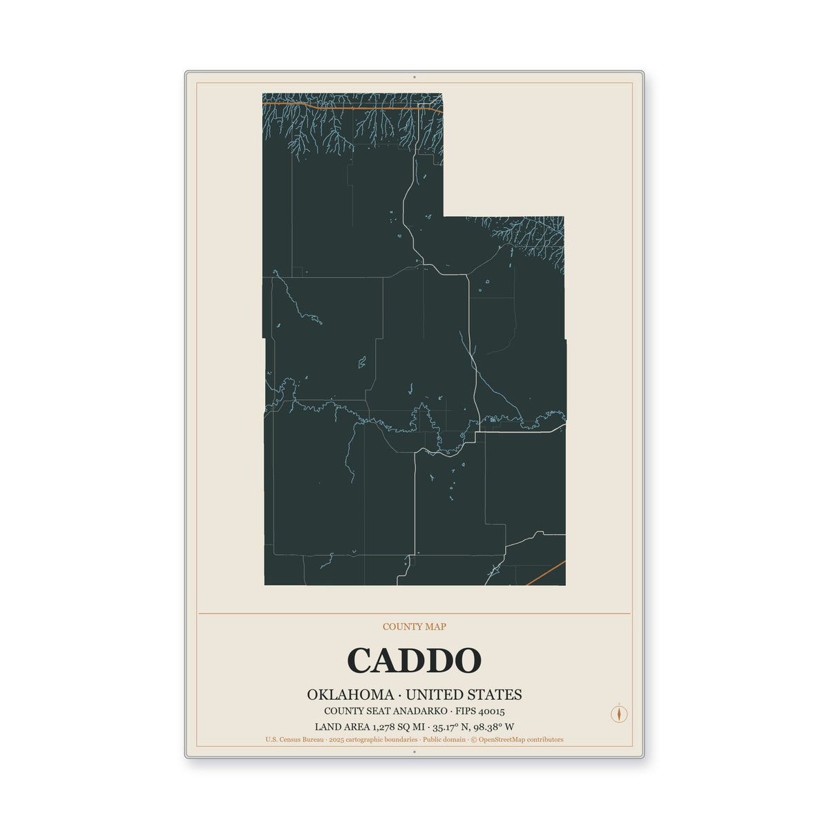 Caddo County, Oklahoma Map Aluminum Sign in Headline Atlas style