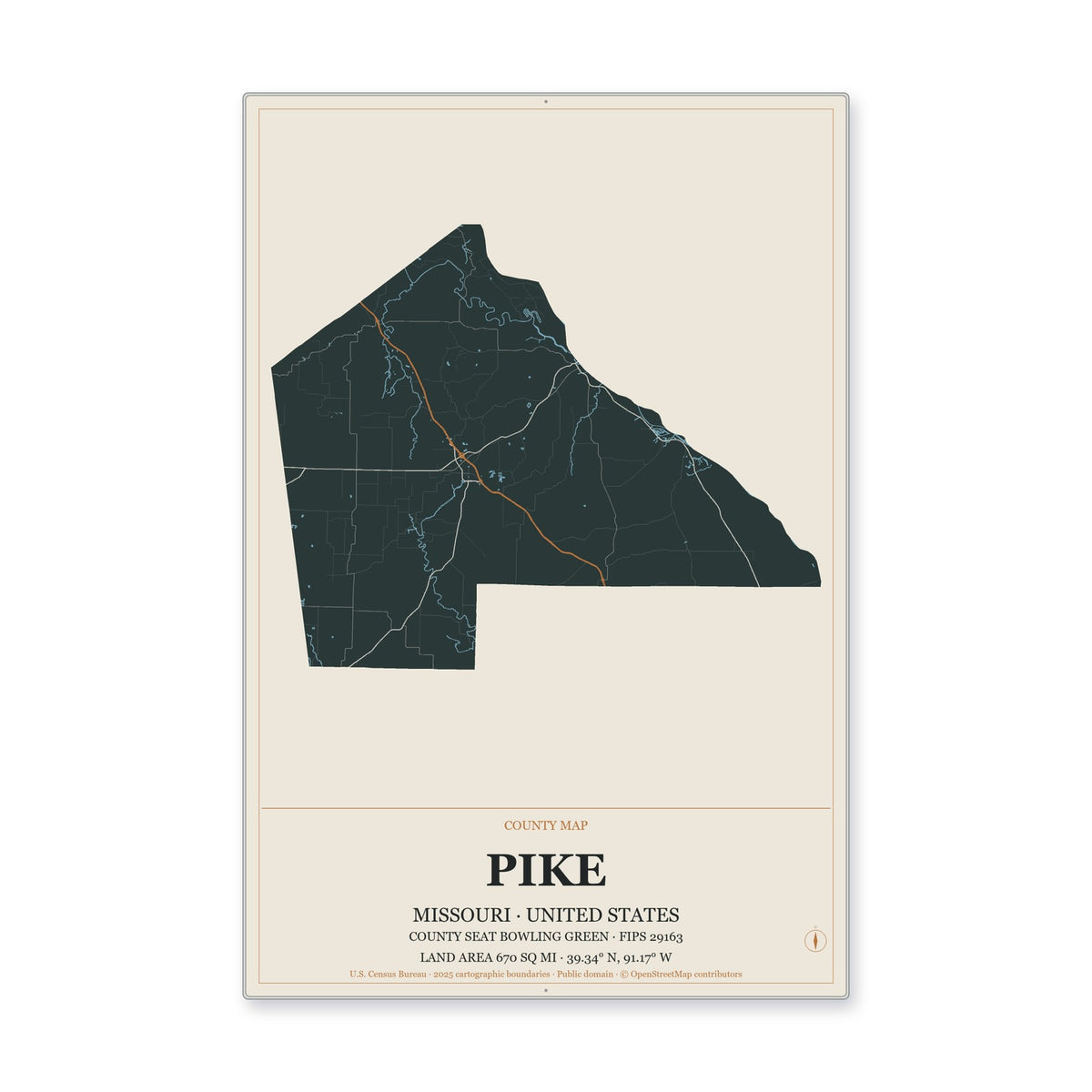 Pike County, Missouri Map Aluminum Sign in Headline Atlas style