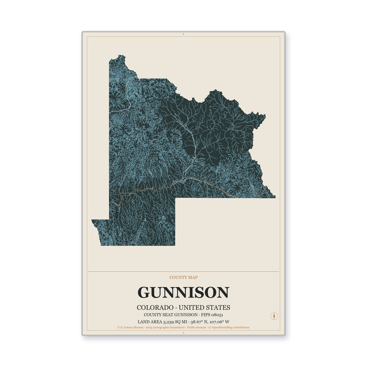 Gunnison County, Colorado Map Aluminum Sign in Headline Atlas style