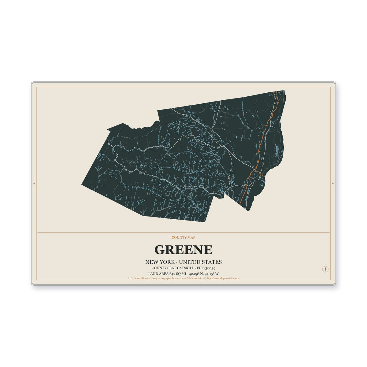 Greene County, New York Map Aluminum Sign in Headline Atlas style