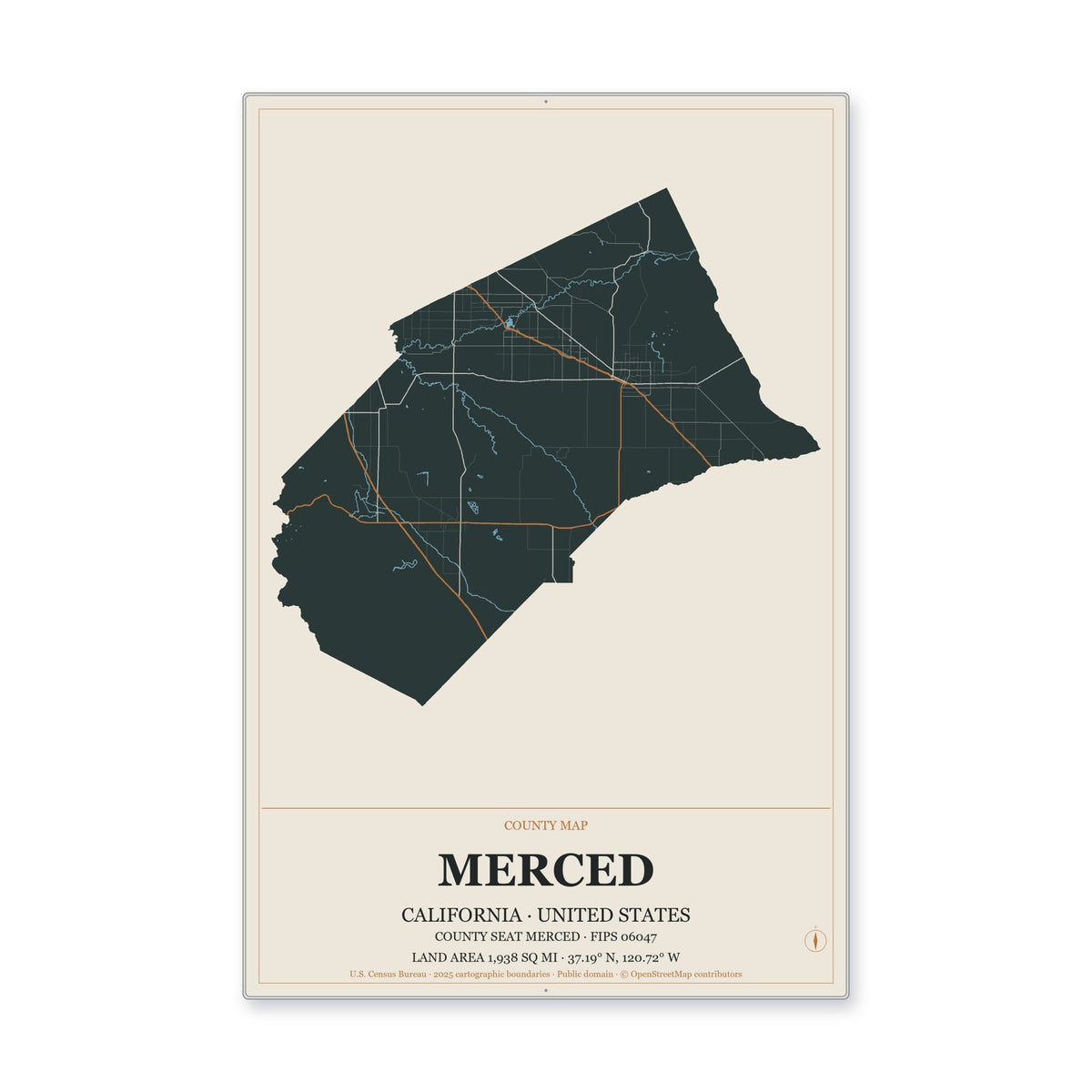 Merced County, California Map Aluminum Sign in Headline Atlas style