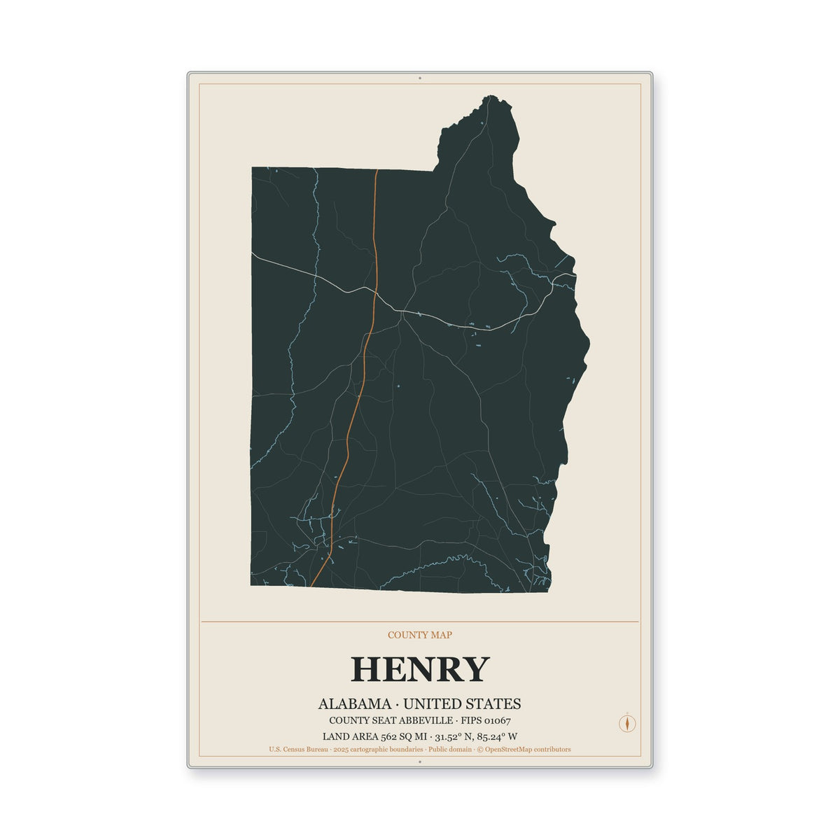 Henry County, Alabama Map Aluminum Sign in Headline Atlas style