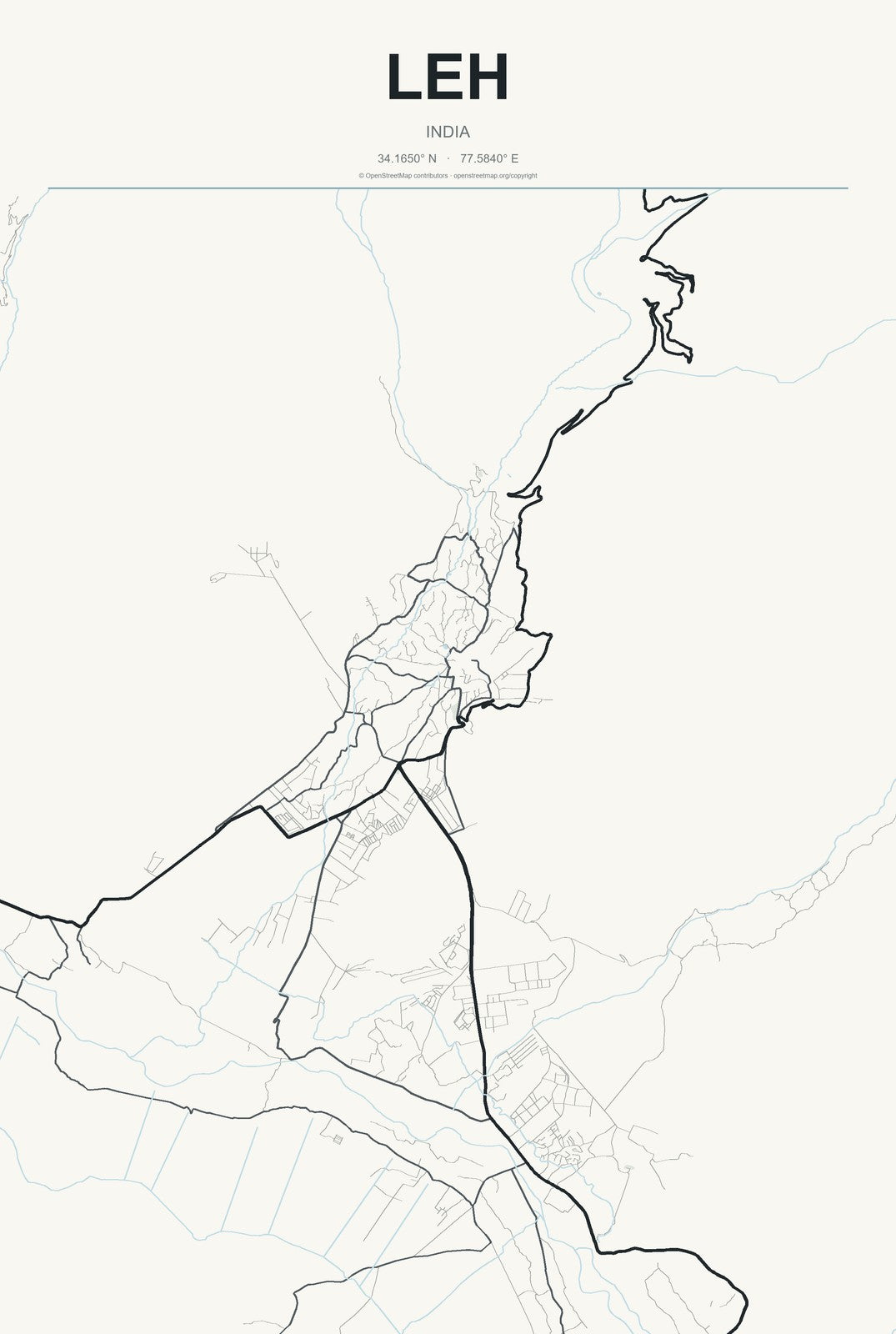 Leh, India City Map Aluminum Sign in Headline Atlas style
