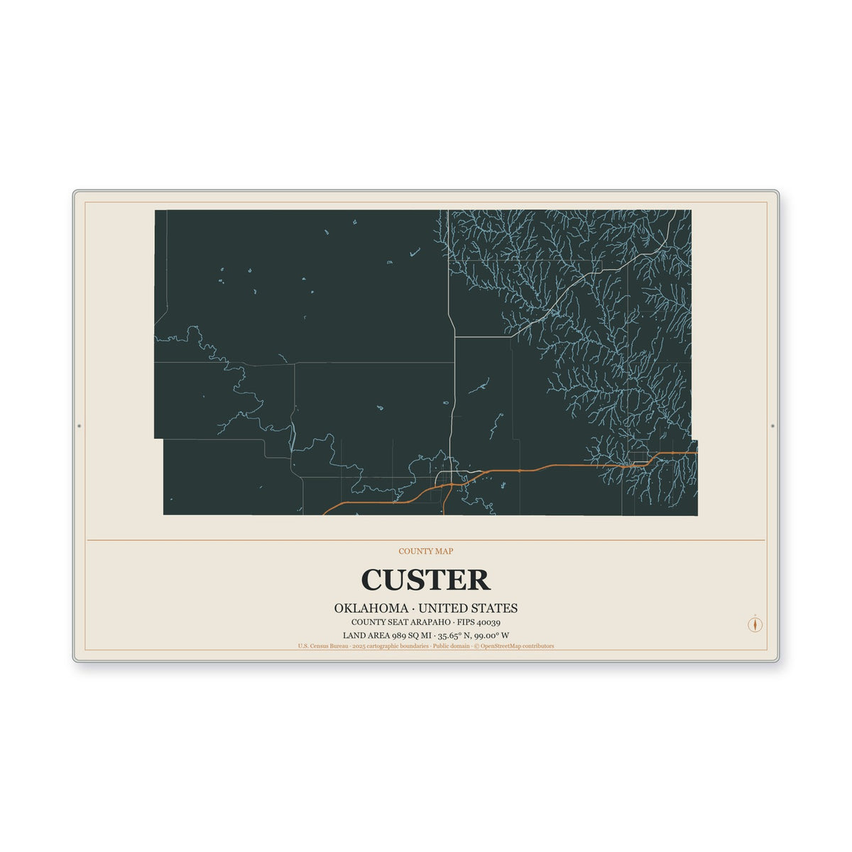 Custer County, Oklahoma Map Aluminum Sign in Headline Atlas style