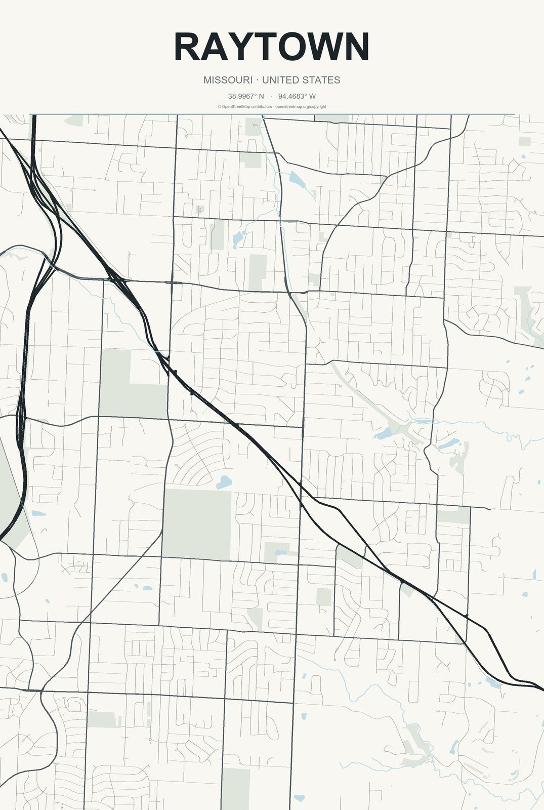 Raytown, Missouri City Map Aluminum Sign in Headline Atlas style