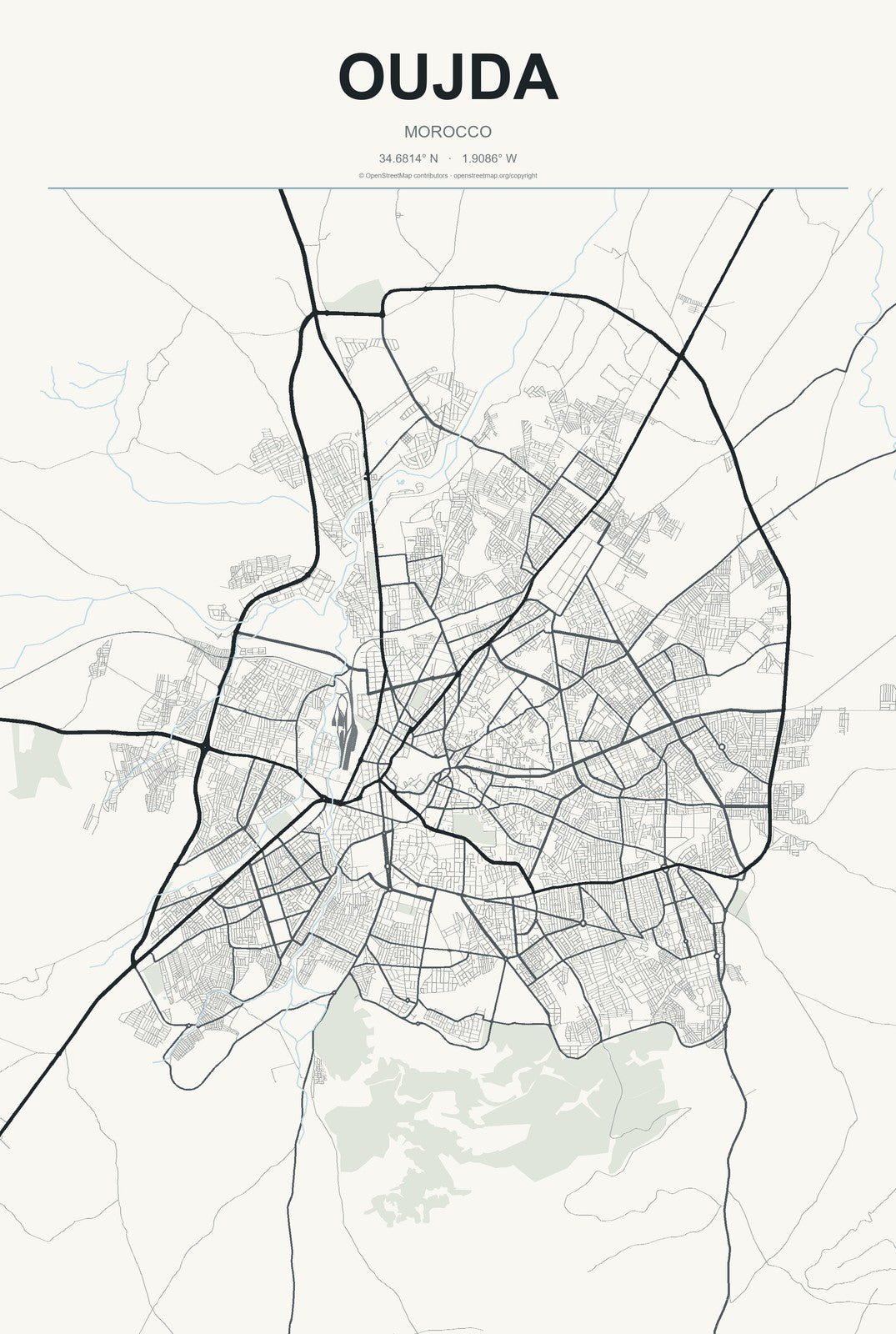 Oujda, Morocco City Map Aluminum Sign in Headline Atlas style