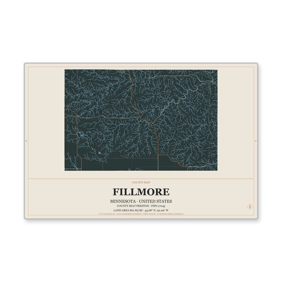 Fillmore County, Minnesota Map Aluminum Sign in Headline Atlas style
