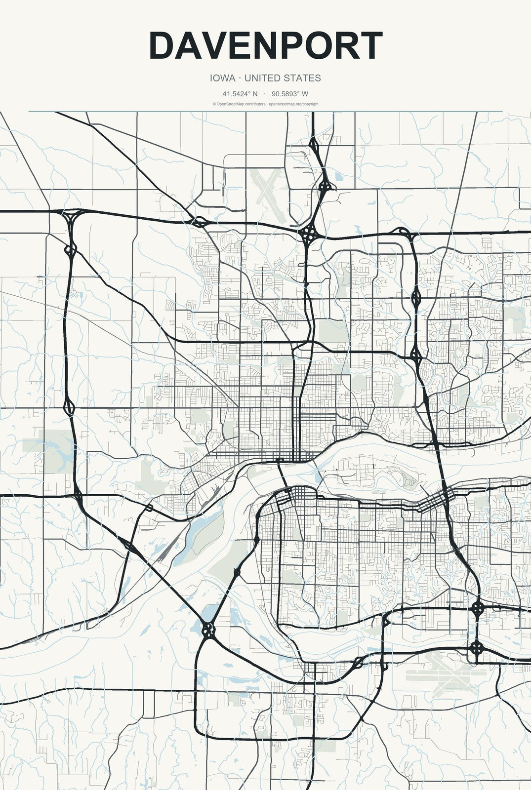 Davenport, Iowa City Map Aluminum Sign in Headline Atlas style